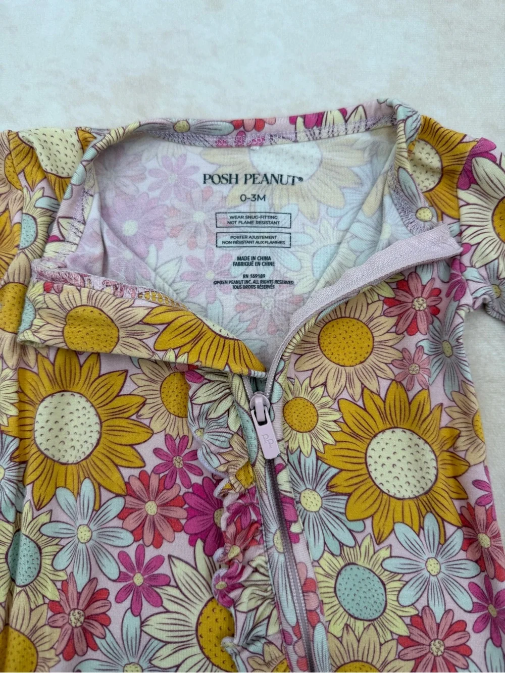 Posh Peanut Sunflower & Daisy Zip Footed One-Piece - Pink, Yellow, Cream